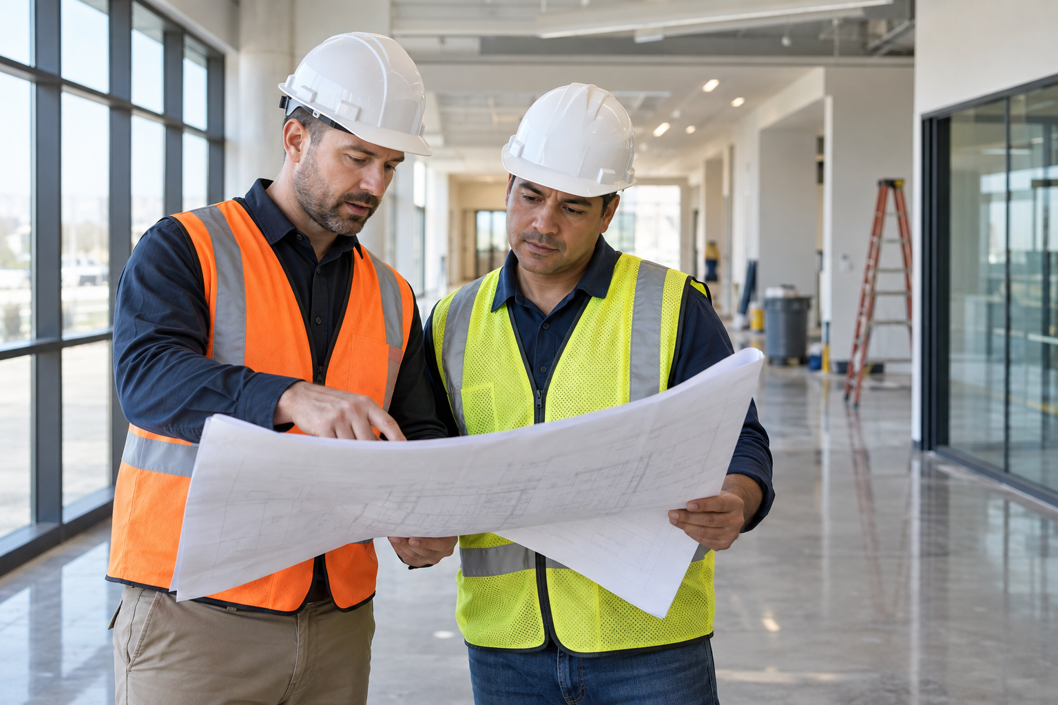 Construction professionals reviewing plans